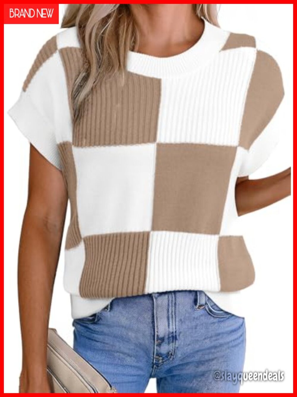 Short Sleeve Color Block Checkered Knit Sweater Tank Top
